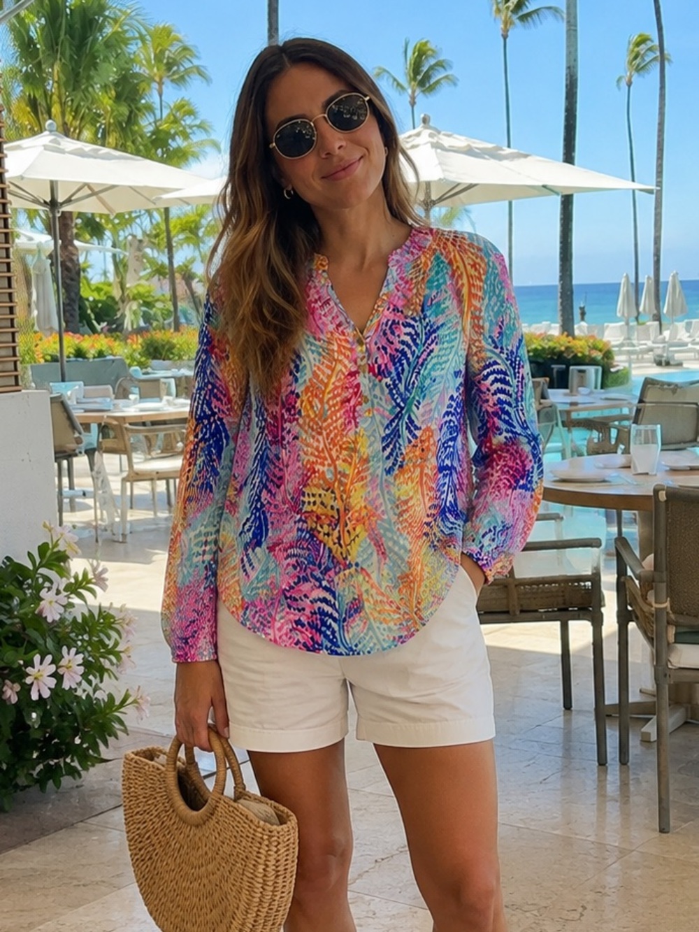 Lilly Pulitzer Elsa  100% Silk Multicolor, coral Fern Print Blouse Top XS